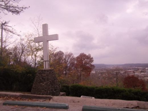 the cross on the top of Mount Sequoyah overlooking downtown Fayetteville
