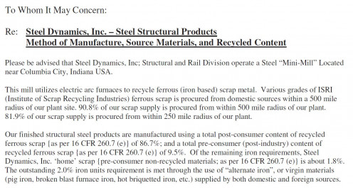 Snapshot of a manufacturer's document showing recycled content and regional materials.