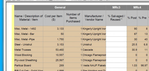 Snapshot of a LEED Template showing the "Post-Consumer" and "Pre-Consumer" recycled content of some products used on the project (MRc4).