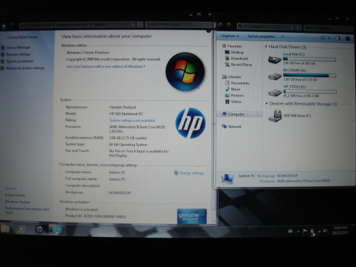 2.10 GHz CPU, 3 GB RAM and 360GB Hard  Drive with HP Recovery partition.