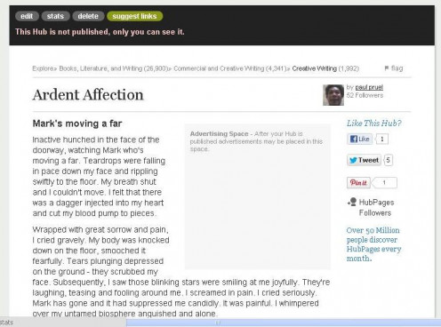 Ardent affection (5 of 5 unpublished hubs) was first published at HubPages on July 31, 2012 but I decided to unpublished it.