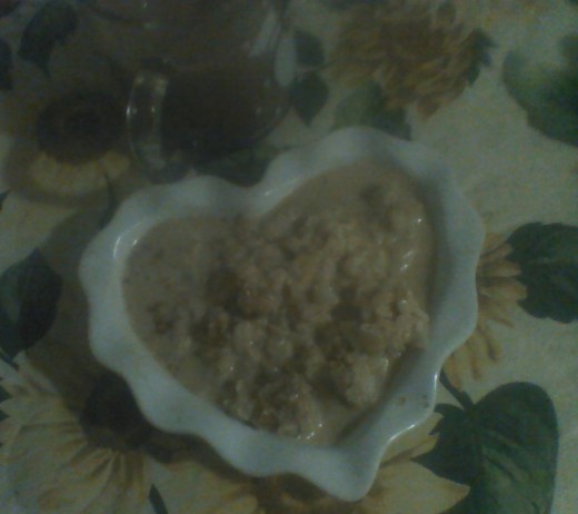 A heart-sized portion of pumpkin spice rice pudding with a cocoa chaser. 