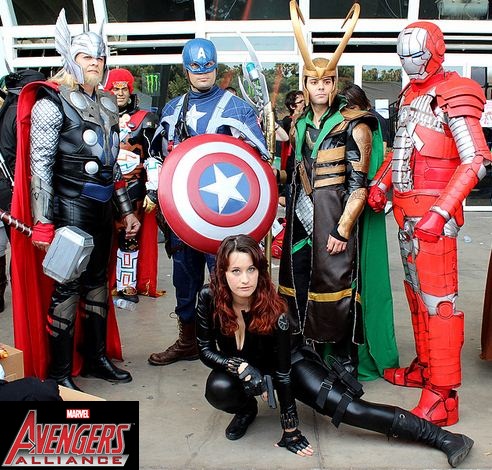 Thor, Captain America, Loki, Red Iron Man, Black Widow (bottom)