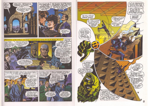 A page drawn by John Buscema (left) and one by Jim Steranko show how the look of the Nick Fury strip changed during Steranko's run.