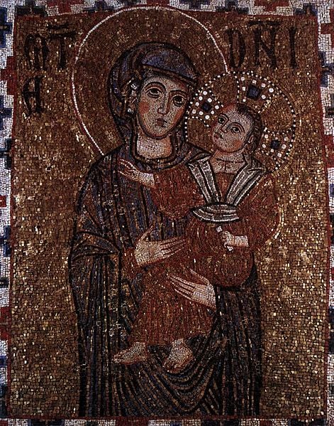 Madonna and Child, a mosaic outside the walls of the Basilica of St. Paul in Rome, Italy—in the Chapel of the Crucifix—was created in the 13th century.