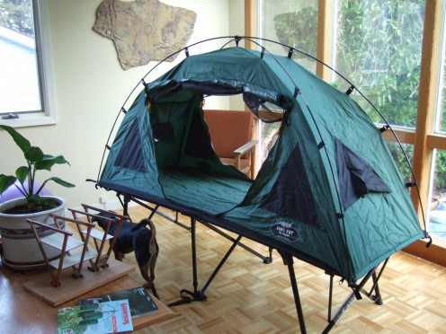 Sold by Kamp-rite, these tents have a built in cot and are for sleeping only.  Sold in single or doubles, they are heavy and meant for car campers.