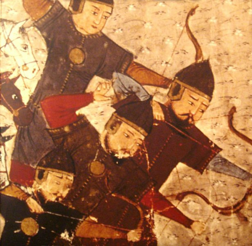 A depiction of Mongol archers on horseback dating from the 13th century.