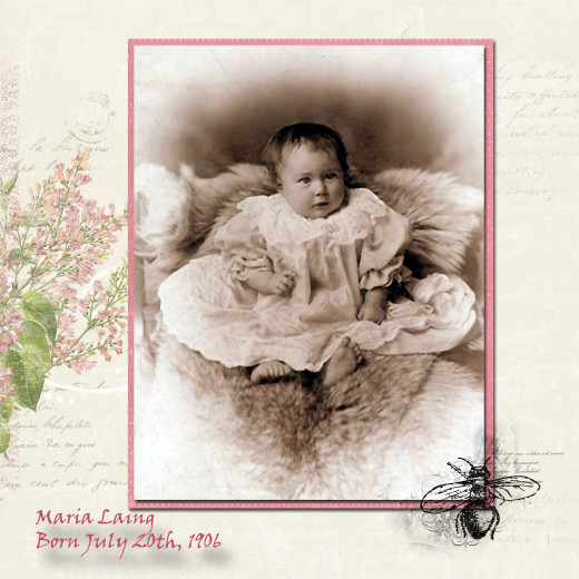 When you have a really beautiful baby picture like this one, don't ruin it by adding too many embellishments.  This is my grandmother. The digital scrapbooking elements came from designer Katie Pertiet at http://www.designerdigitals.com/