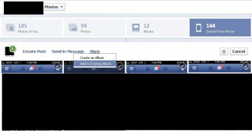 Tap the check box in the upper right corner of the photos you want to share until the check box turns green. Click the "More" button and then select whether you want to add the photos to an existing album or create a new one.