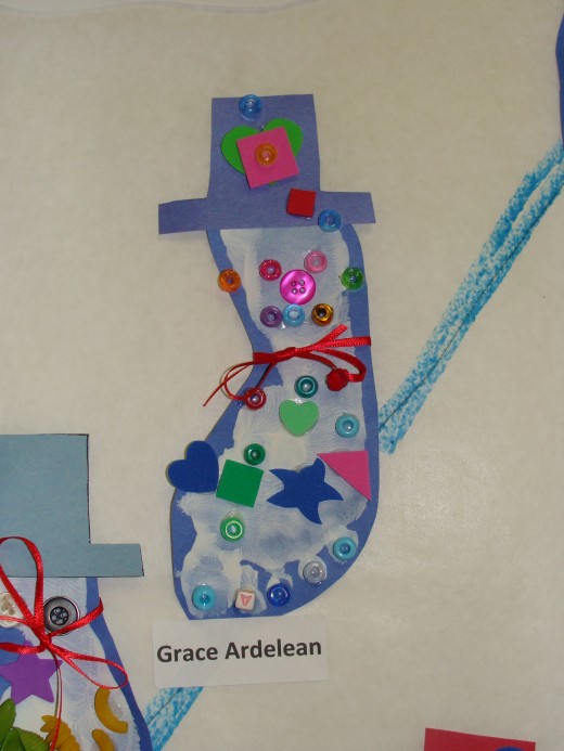 An up close picture of a finished snowman foot print.