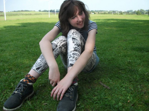 Newspaper leggings and dungarees. Newspaper leggings and dungarees.
