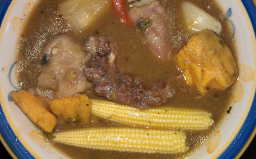 Homemade Vegetable Beef Soup, Costa Rican Style.  This is called "Olla de Carne," or "pot of meat," but it has lots of tropical vegetable in it, with beef for the flavor.