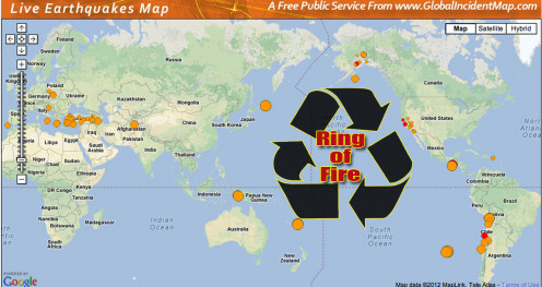 Notice the earthquakes in the Ring of Fire.