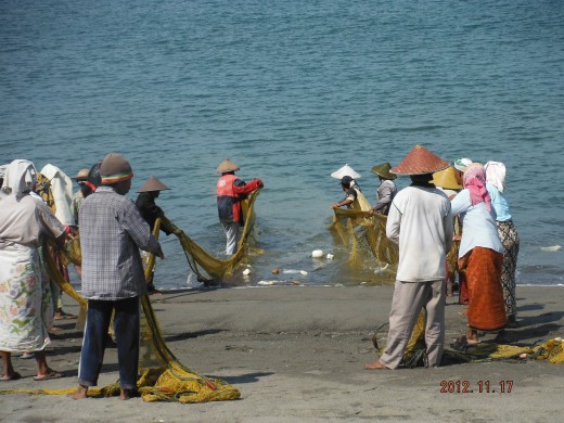 Fishermen hand-in-hand pulled their catch to the shore.