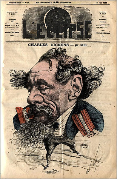 A hand engraving of Dickens by Andre Gill.
