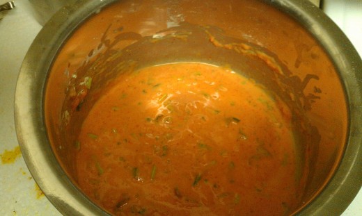 Batter- a mixture of gram flour, rice flour, salt, chilli powder, coriander leaves and water