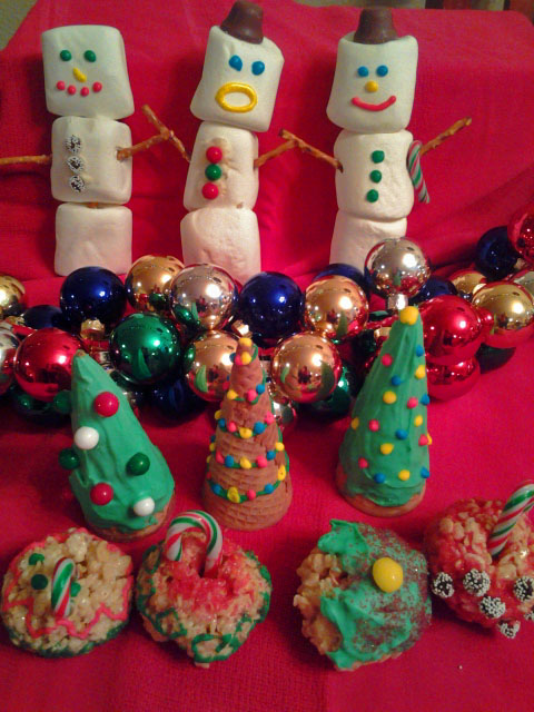 Marshmallow Snowmen, Sugar Cone Trees and Rice Crispy Ornament Balls