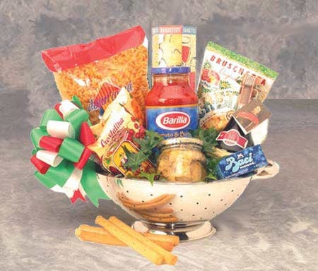 Italian food themed basket in a colander