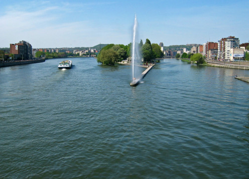 Meuse river, Liège, from Fragnée Bridge. At the extreme right is the confluence of the Meuse and the Ourthe.