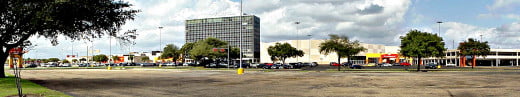 The PlazAmericas - a panoramic photograph made from the sidewalk outside of the mall