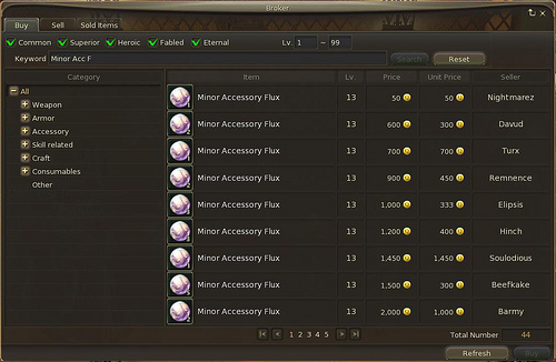 Trade broker window showing a search result for the term "Minor Acc F".
