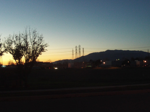 The silhouette of Mount Baldy at sunset.