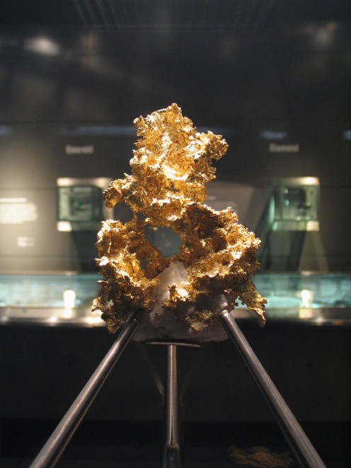 Crystaline Native gold on display at the Natural History Museum, London.