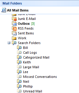 Outlook 2007 showing search folders created for each category.