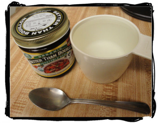Ingredients. Vegan bouillon, flower, water. Pictured here is "Better than bouillon" which is my favorite vegan brand.