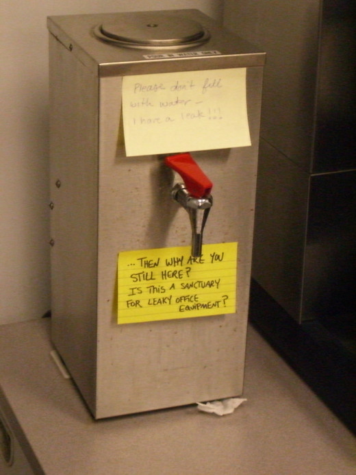 Even the watercooler isn't safe from the graffiti prankster.