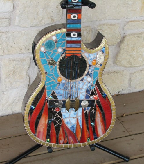 body of finished Conquistador guitar, stained glass, dichroic glass, vintage jewelry, 24K gold plate rims