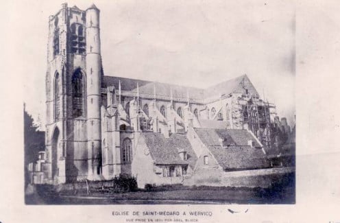 The first photo of the Sint Medarduskerk in Wervik, in the 1890s, by Isidore Blieck, seen yet minus the spire