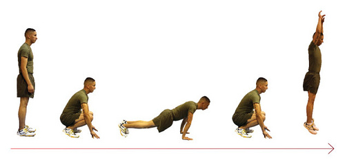 The basic steps of the "Burpee" make for a rather challenging cardio training workout.