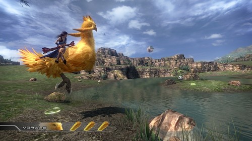 Fang riding a chocobo.