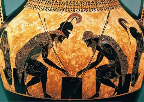 Black-figure Amphora by Exekias c.530 bce. 24" high.   Vatican Museum, Rome. Achilles and Ajax playing dice.
