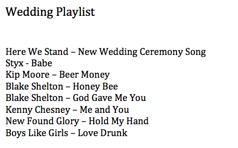 Song list for our DJ, with more to add.