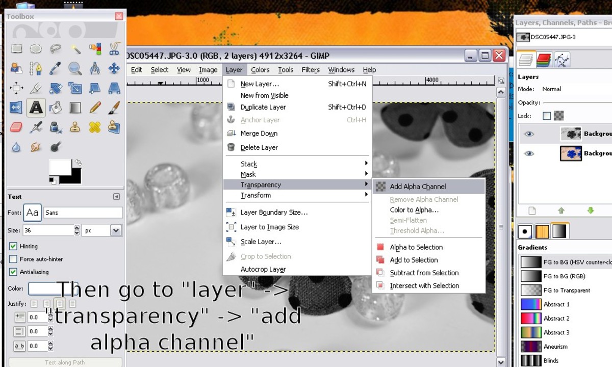 Next, you'll need to create an "alpha channel" by going to "layer" then "transparency" then "alpha channel."