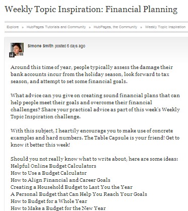 Weekly Topic Inspiration screenshot (Photo Source: HubPages via Discussions page at Forums)