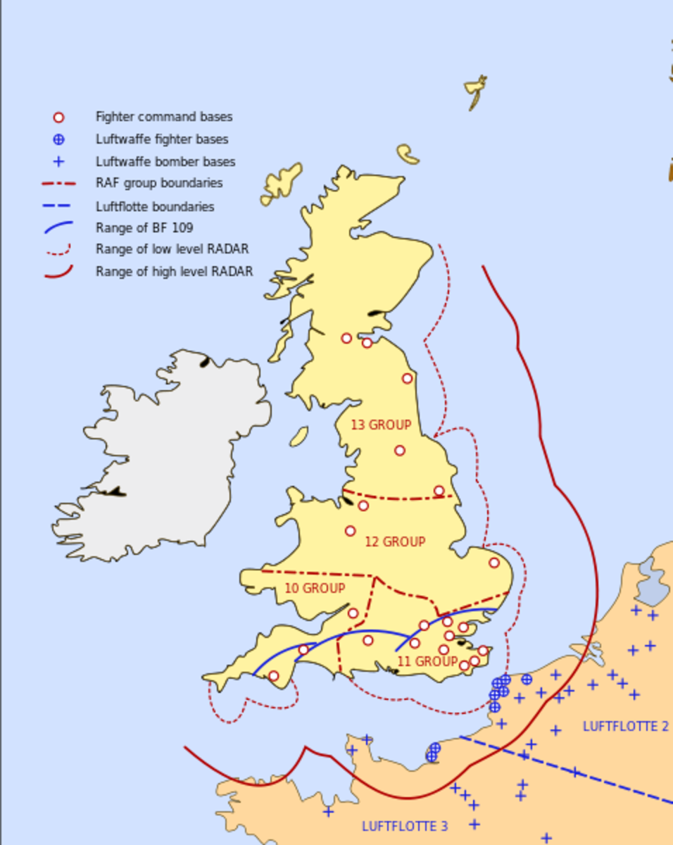 A map of the theatre of battle. The big red line indicates the range of British radar.