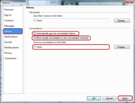 Just click the boxes to turn on IM history and then click Apply.
