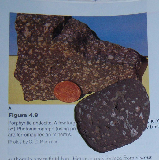 Andesite washed to the Minnesota Lake Superior area from the extinct volcanoes on the east shore and a picture of the same type of stone in my old Geology text book.
