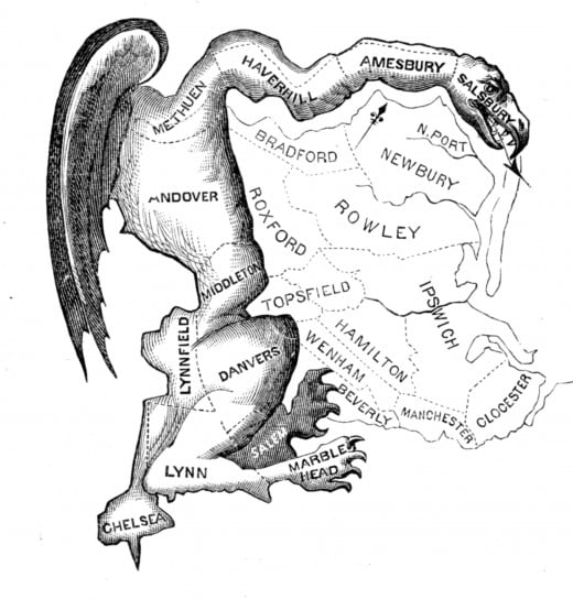 1812 Boston Gazzette political cartoon of Gov. Gerry's gerrymandered senate district 