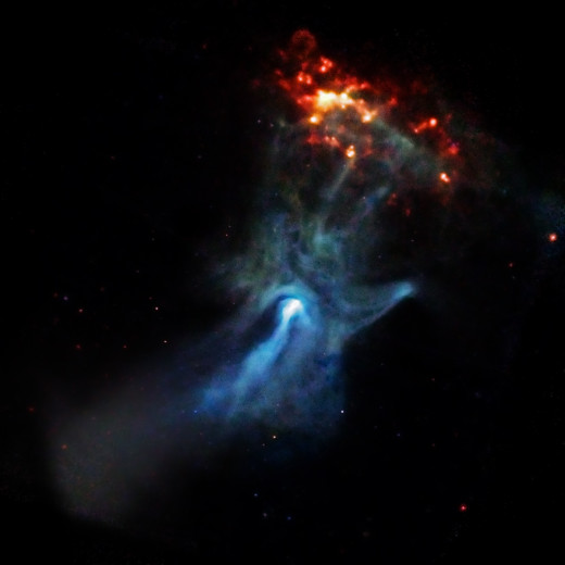 X-Ray image of a spinning pulsar creating an X-ray nebula spanning 150 light years