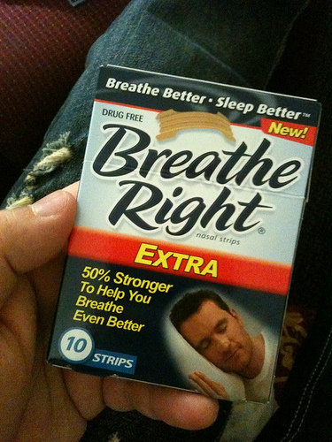Sometimes a simple device like these breathing strips will cure nose snoring, especially during cold or allergy season.