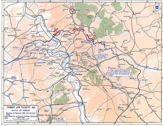 A strategic map of the battle of Verdun and the surrounding area.