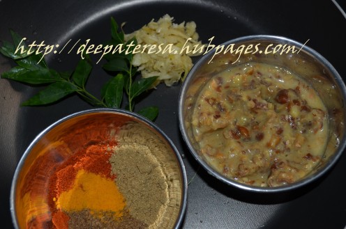 Masala powder, 2 teaspoon  cooked chickpeas is grinded, curry leaves, ginger garlic paste