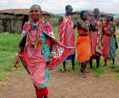 Masai women in traditional gingham clothing. Gingham has been a part of the Masai national costume for  generations.