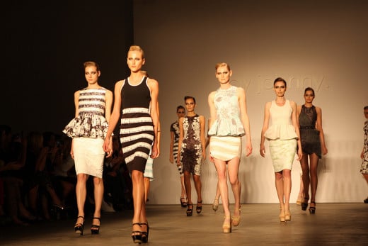 Black, white, and grey are trending this spring, along with ladylike cuts and peplums.  (Johnny Sydney Spring/Summer 2013)