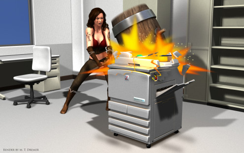 I made this image some time ago to express my frustration with the printer at work. (Also, I'm aware this is a copy machine pictured here, but it looks enough like the work printer to justify the simulated destruction.)