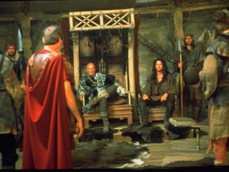 Flavius Aetius in red cloak before Attla and his uncle,Rua.